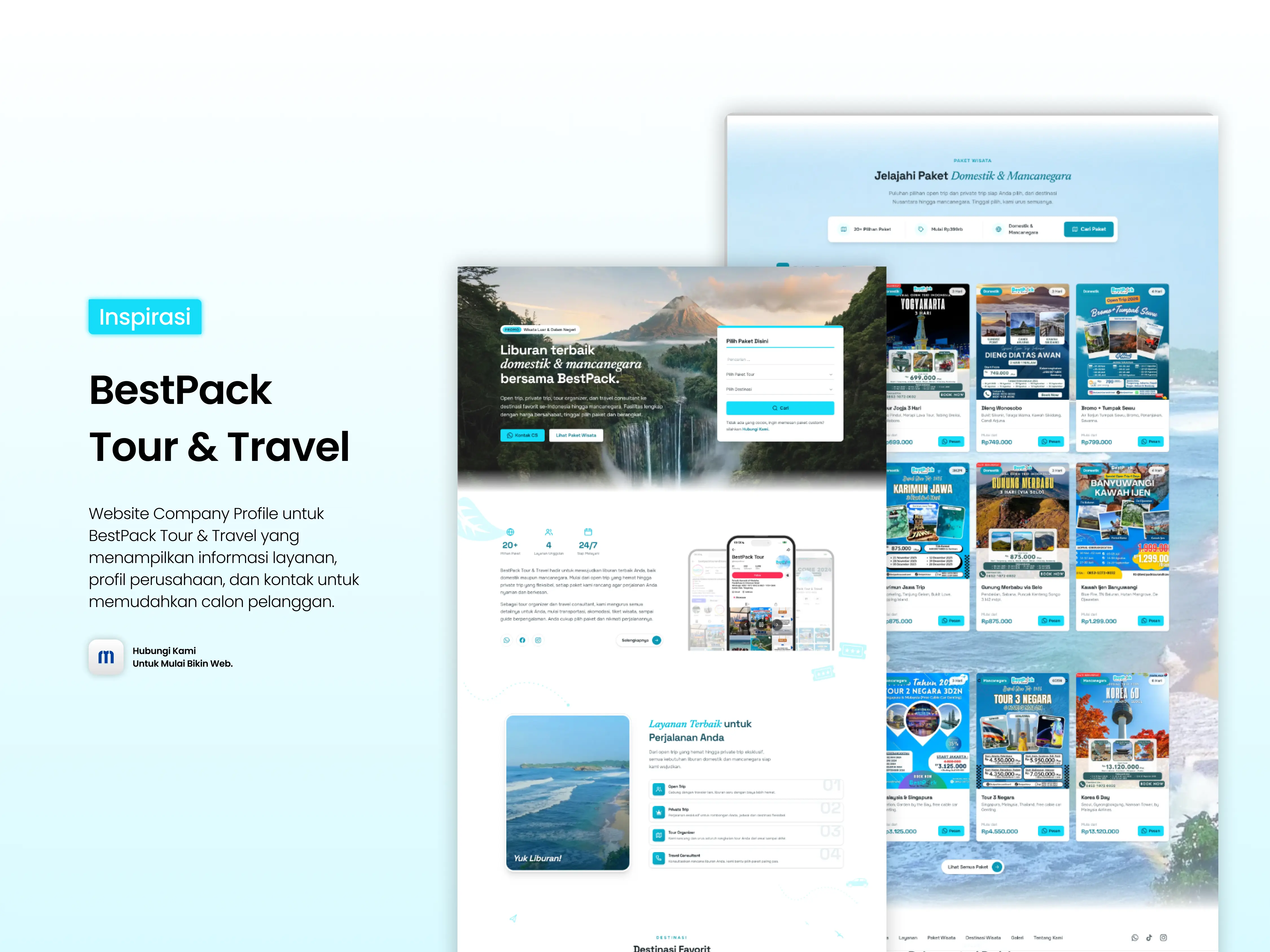 Tampilan website company profile Bestpack Tour & Travel dengan pencarian paket wisata domestik dan internasional