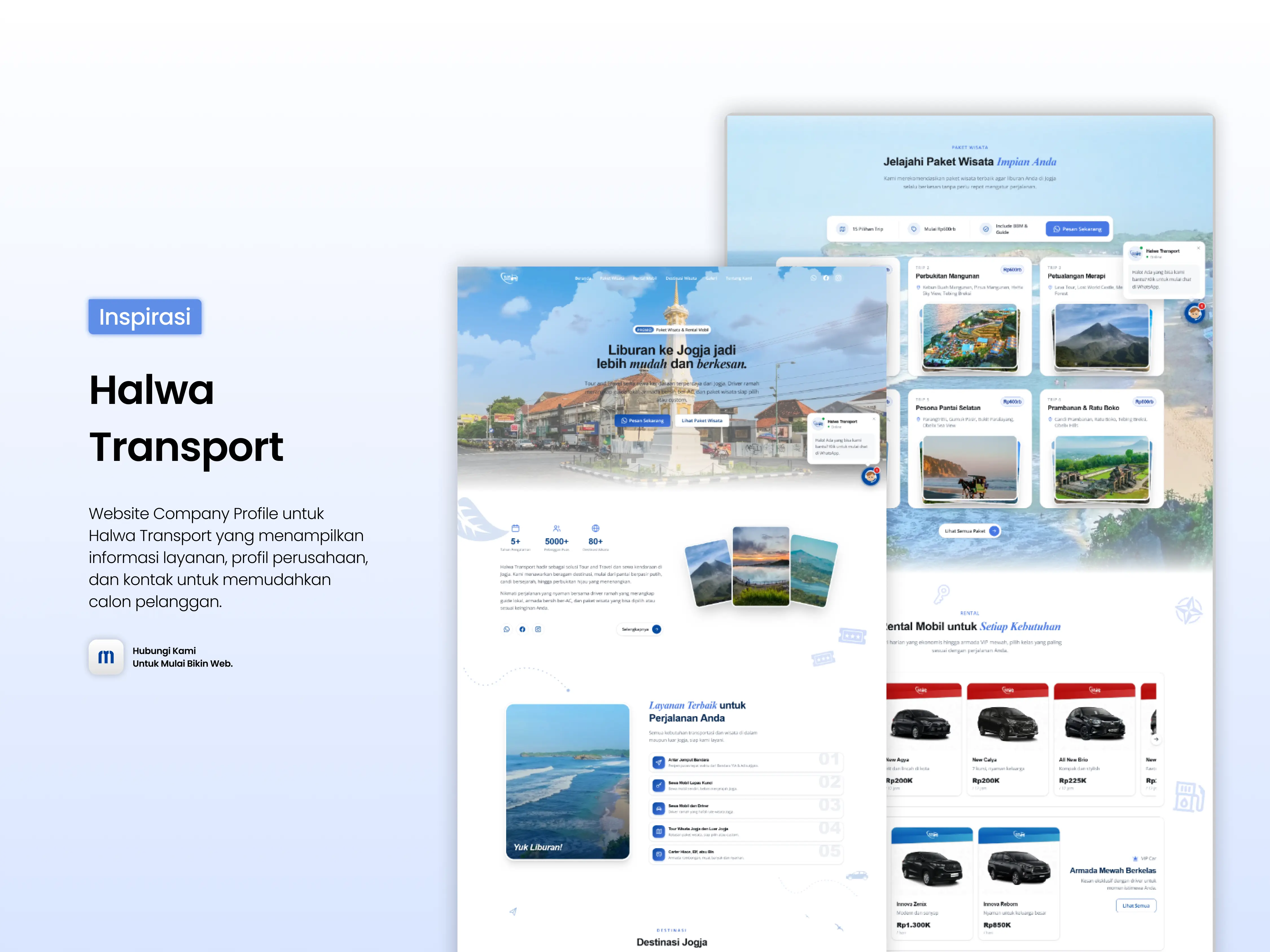 Tampilan website company profile Halwa Transport Jogja dengan paket wisata dan katalog sewa mobil