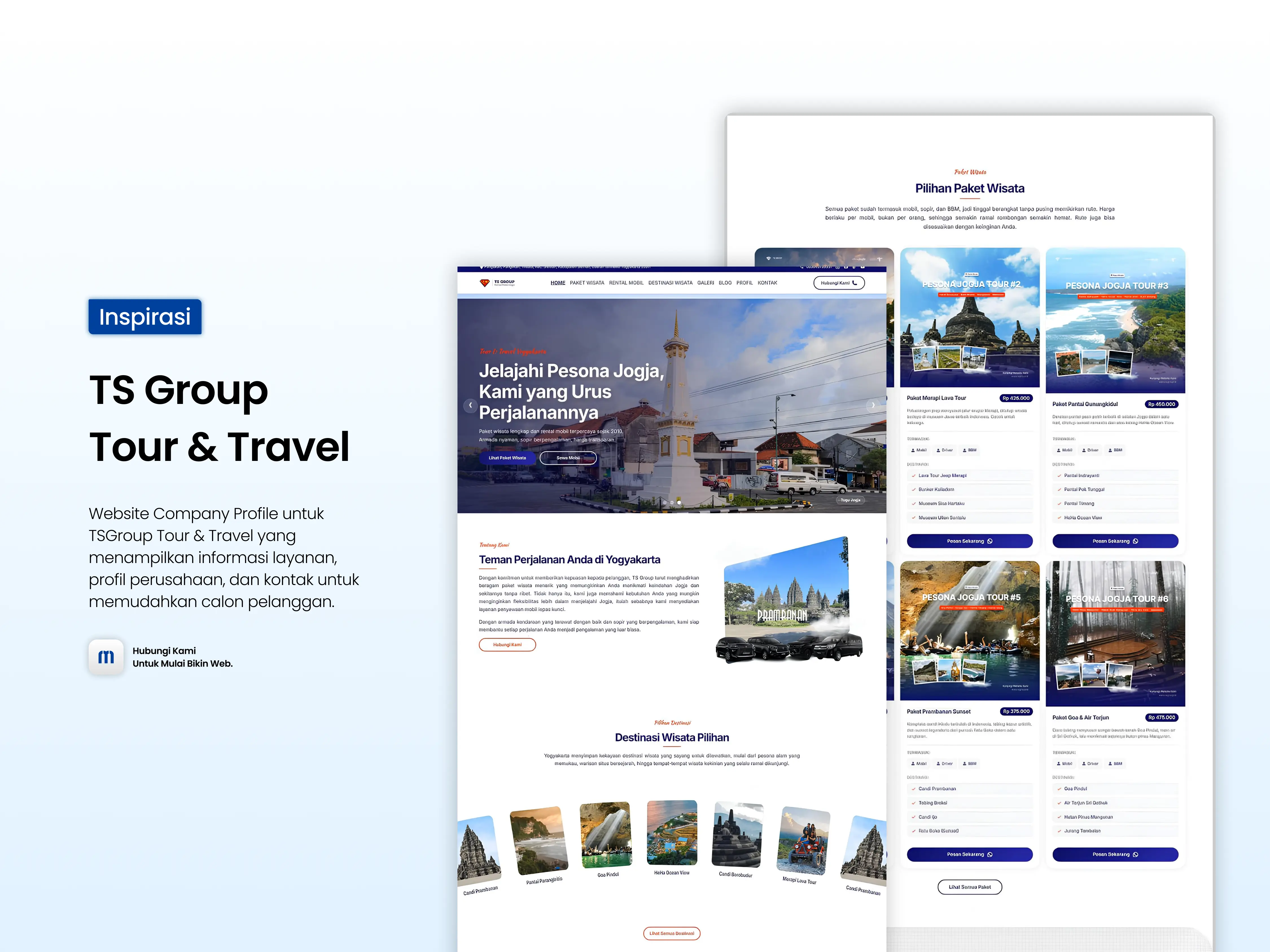 Tampilan halaman depan website company profile TS Group Tour & Travel Jogja dengan daftar paket wisata dan armada